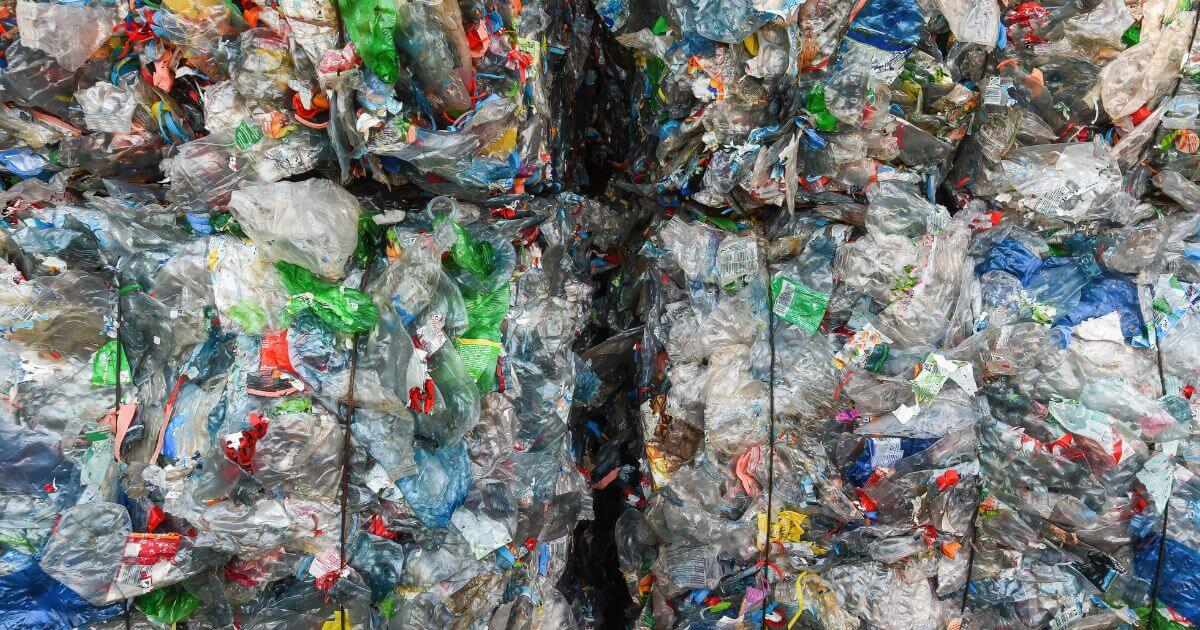 Close up view of plastic waste bales