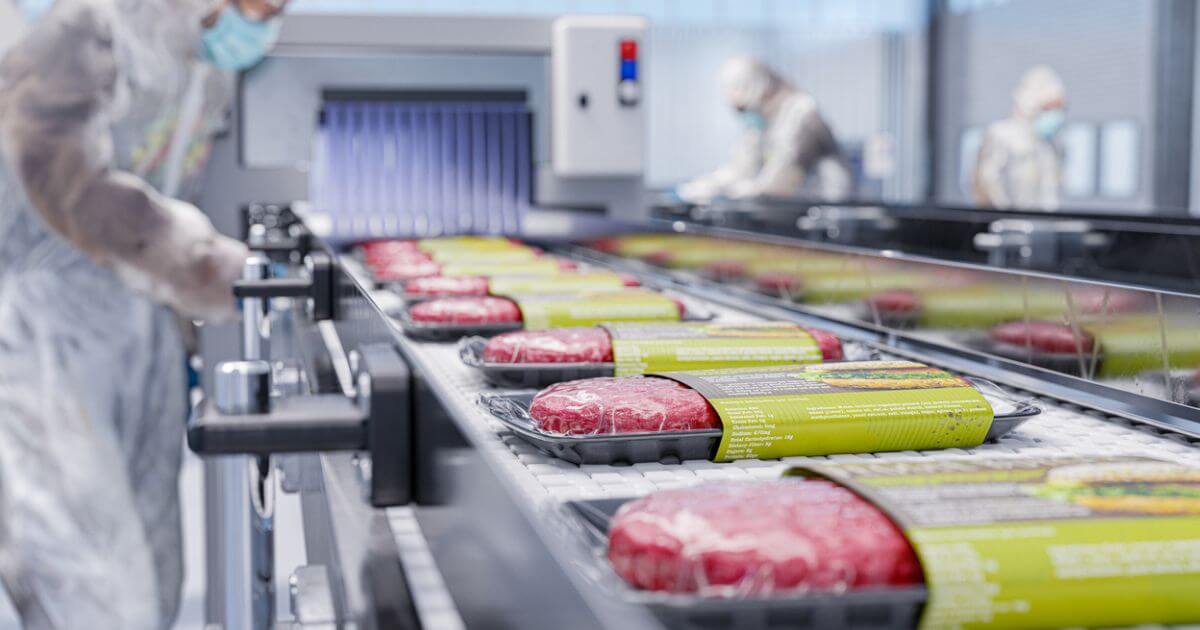 Packets of beef burgers on the production line with workers in protective covering in the background