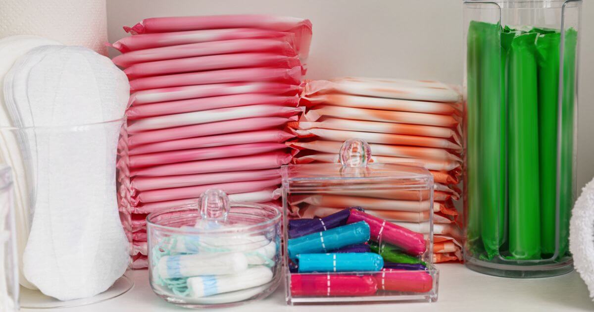 A collection of period products including both pads and tampons