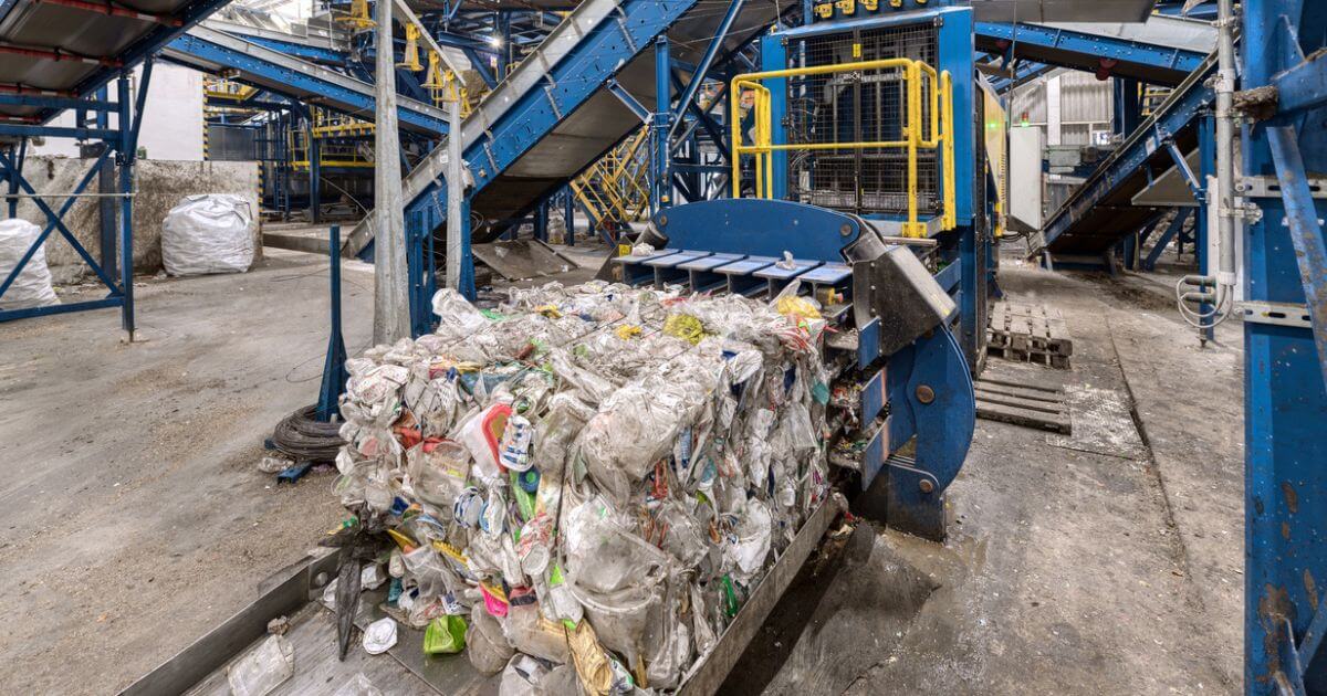 Plastic waste packed into bales at a facility