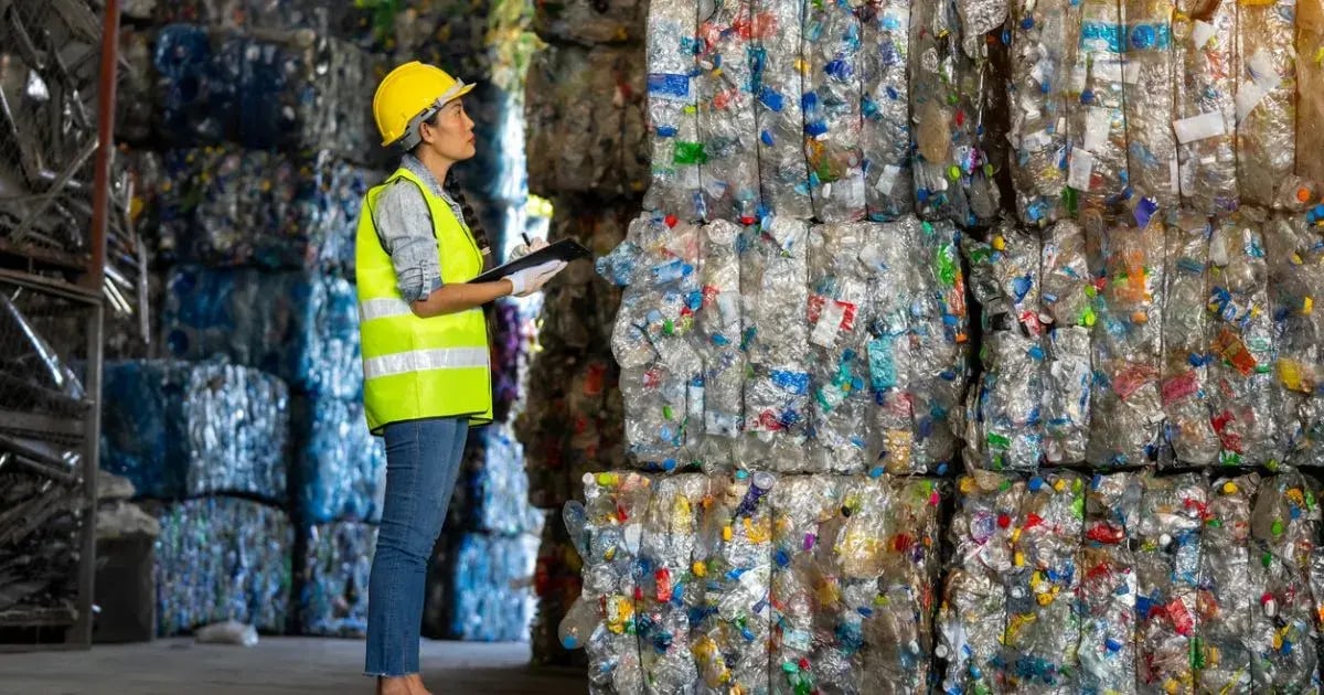 Someone in a high vis vest and helmet standing next to plastic bales stacked up high