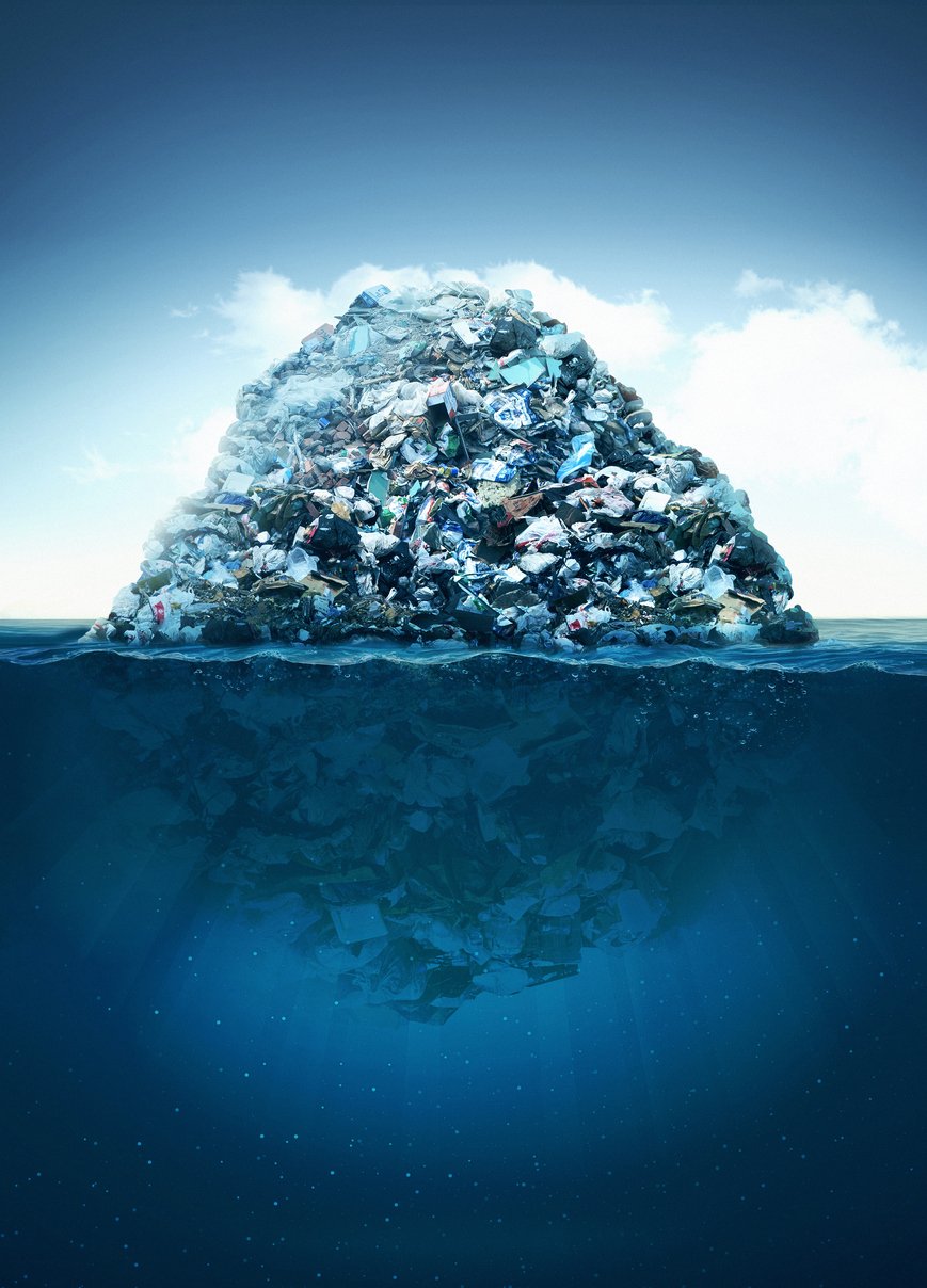 A huge pile of plastic in the ocean, visible from beneath the ocean and on top of the ocean
